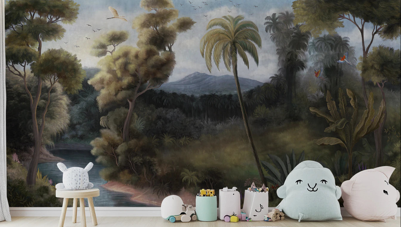 Lush river landscape wall mural displayed in a kids room setting.