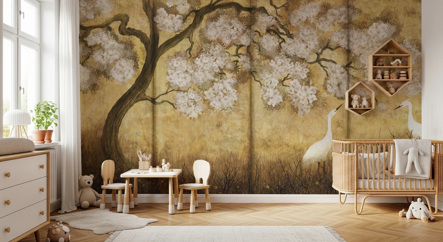Imperial Gold Blossom & Cranes Wall Mural