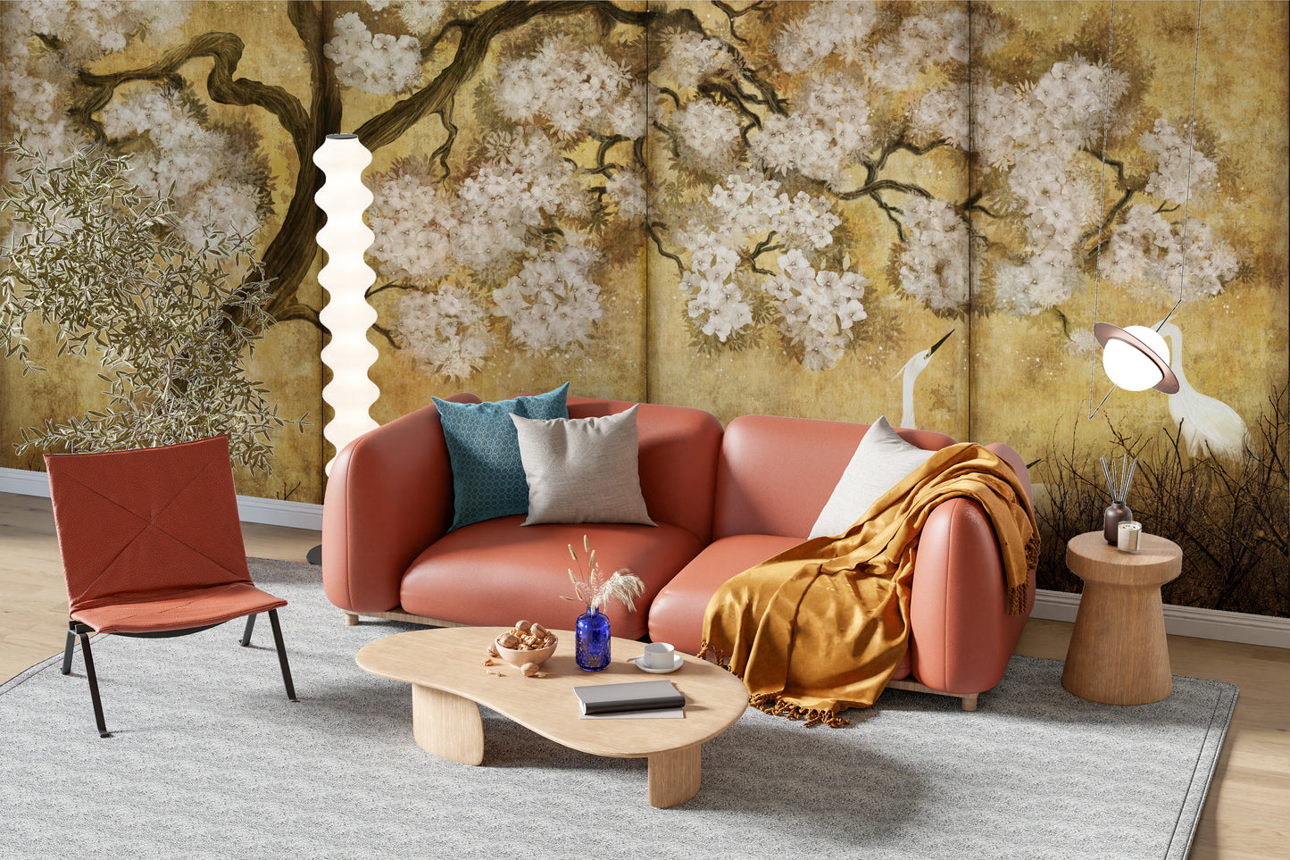 Imperial Gold Blossom & Cranes Wall Mural