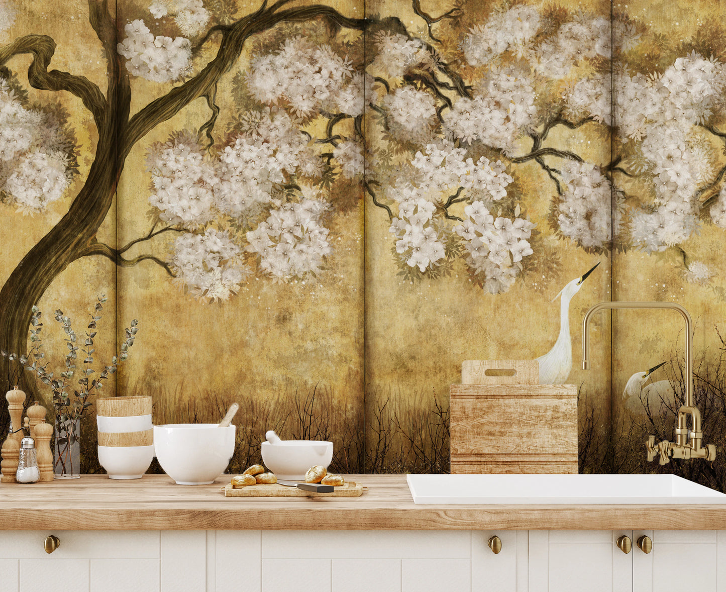 Imperial Gold Blossom & Cranes Wall Mural