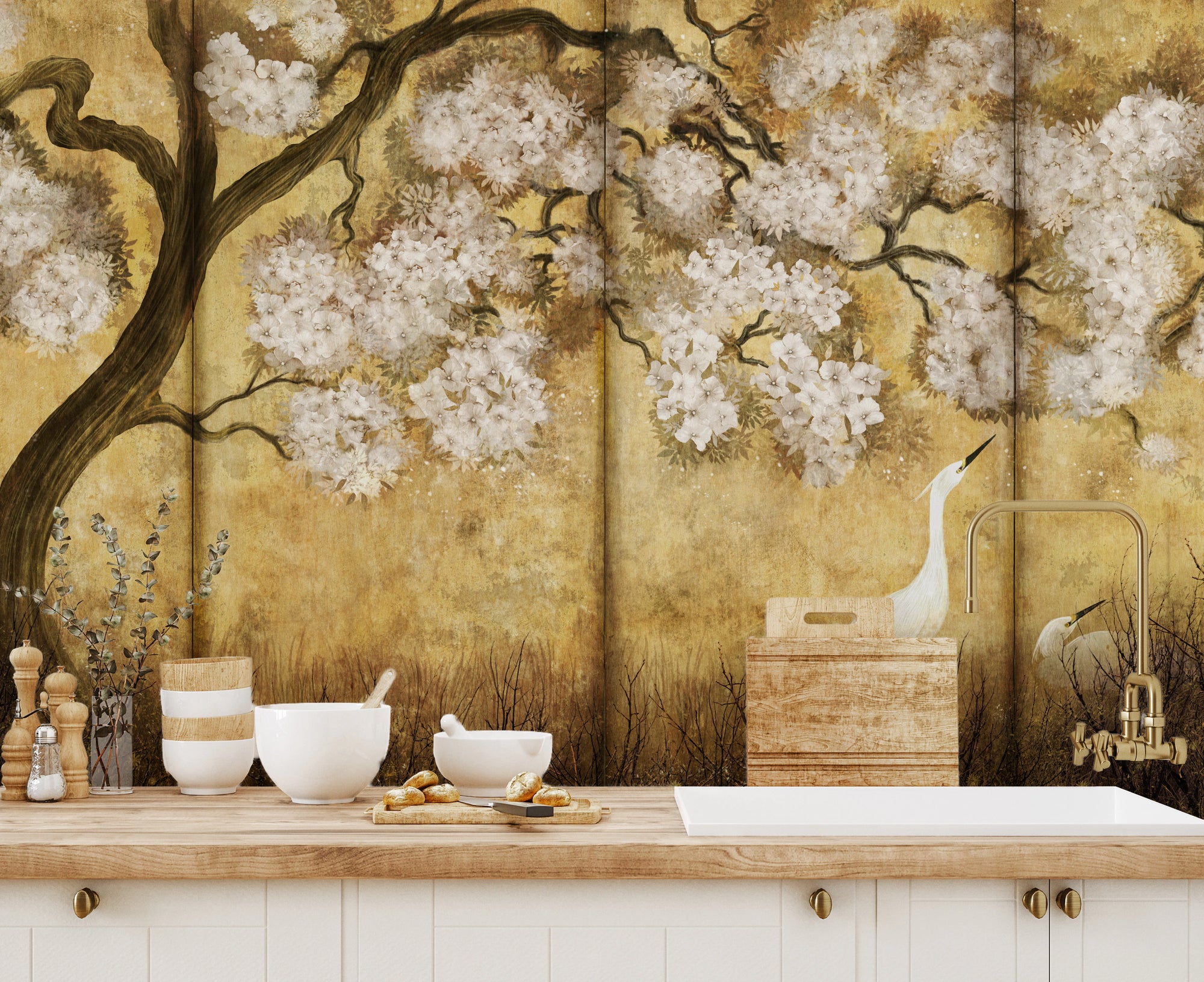 Cherry blossom and cranes wall mural on a kitchen accent backdrop.