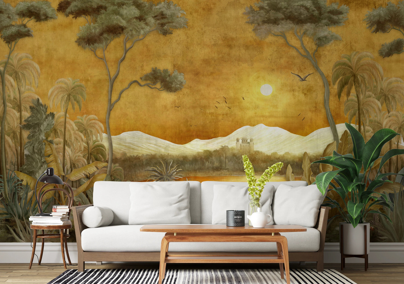 Tropical landscape wall mural creating a focal point in a living room.