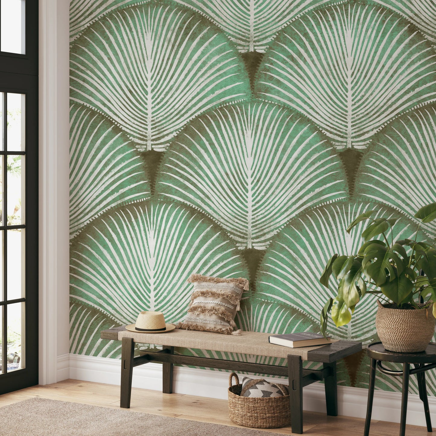 Art Deco Sage Palm Leaves Wall Mural