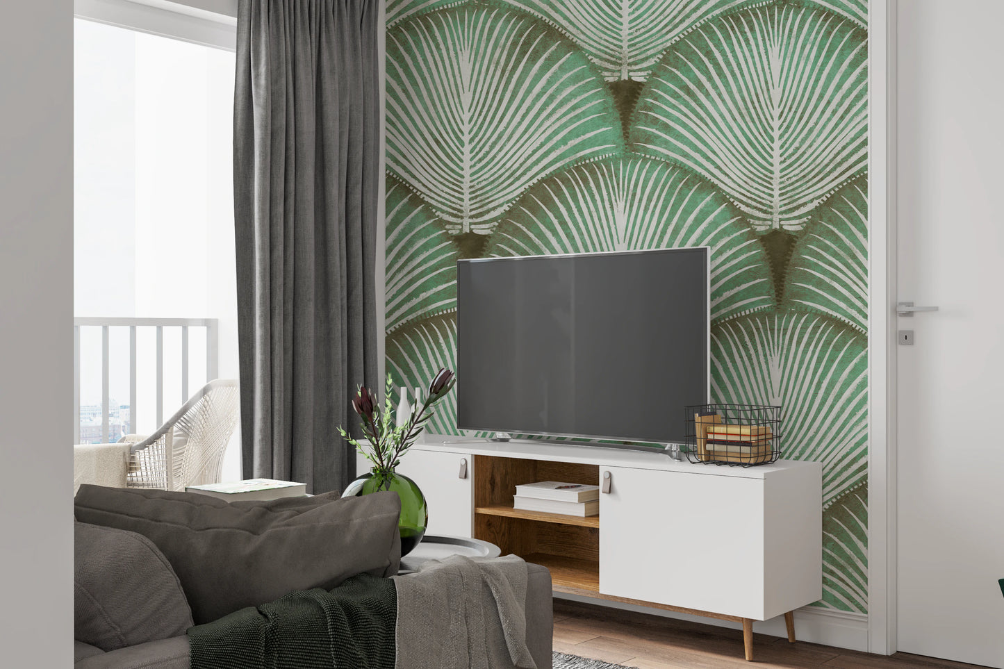 Art Deco Sage Palm Leaves Wall Mural