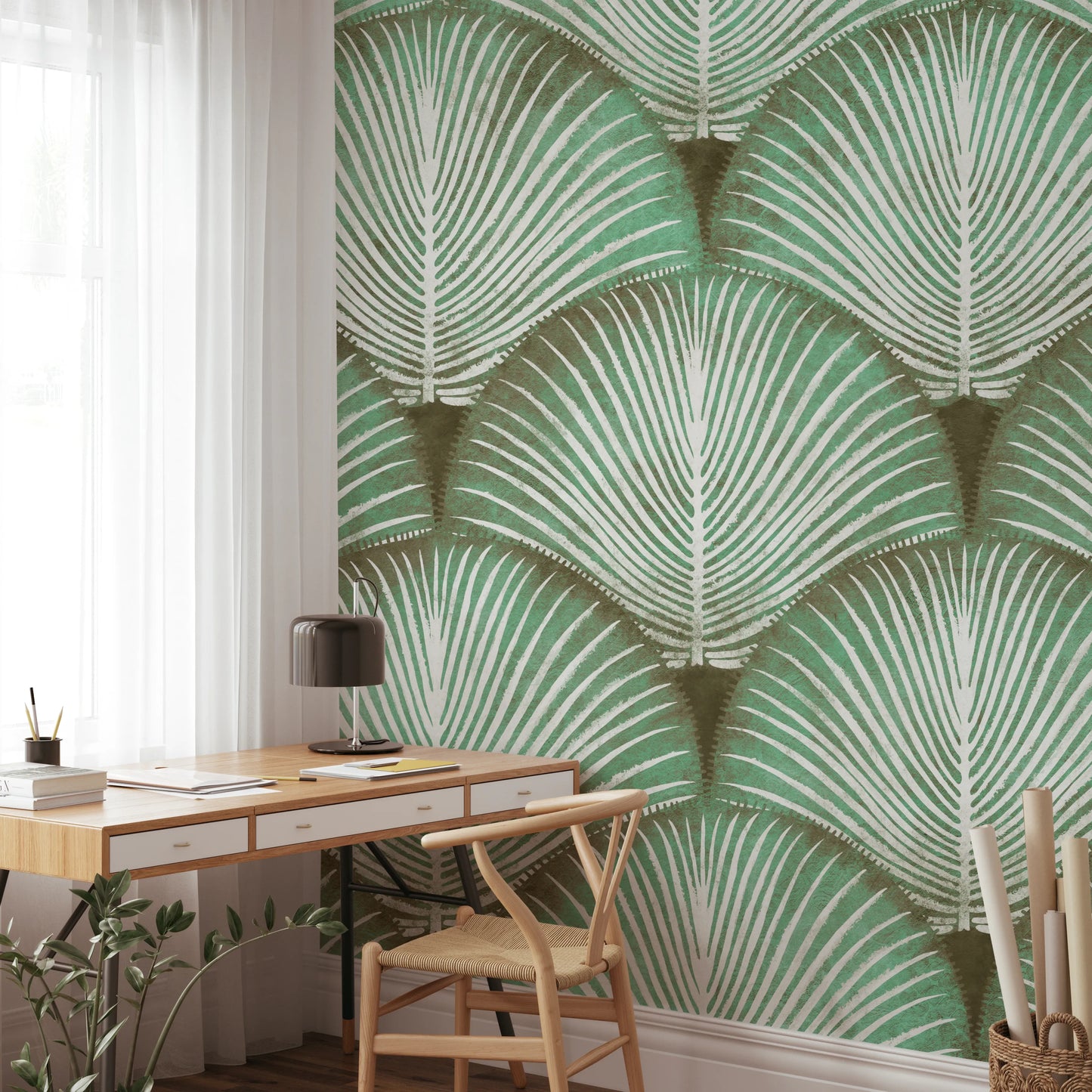 Art Deco Sage Palm Leaves Wall Mural