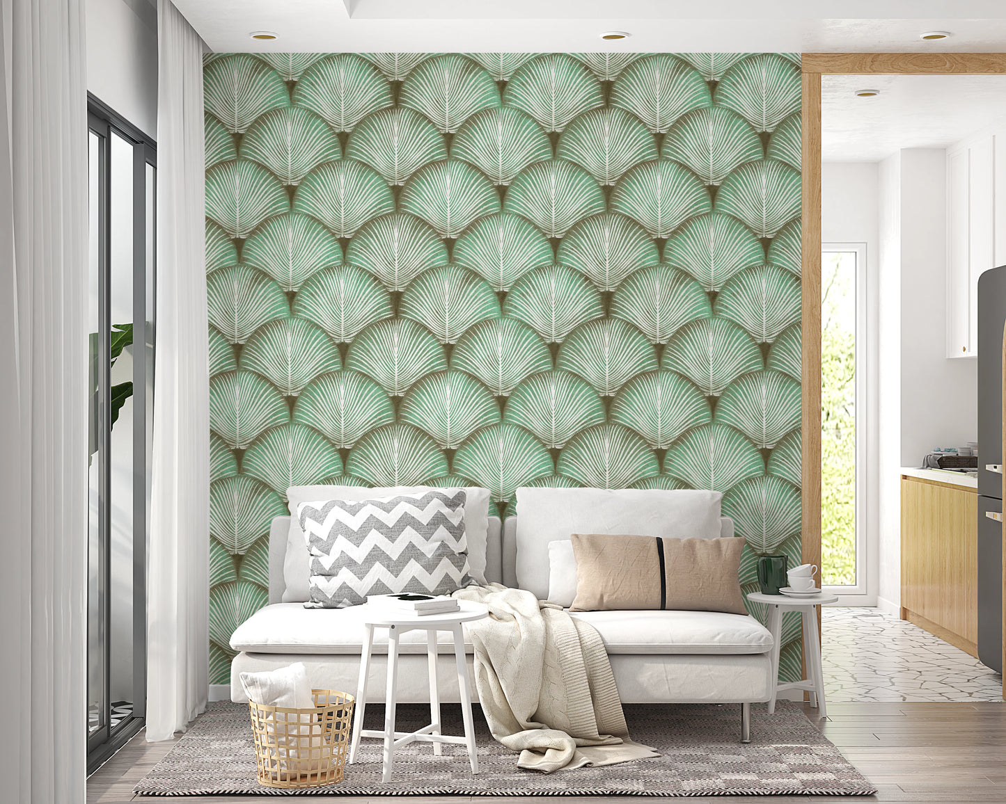 Mint and sage green tones in a fan-shaped frond pattern wallpaper.