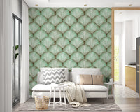 Mint and sage green tones in a fan-shaped frond pattern wallpaper.