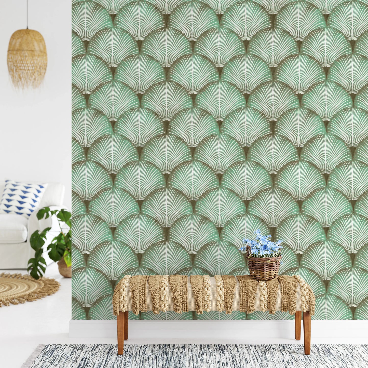 Olive shadows at the base of each sage green fan frond wallpaper.