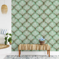 Olive shadows at the base of each sage green fan frond wallpaper.