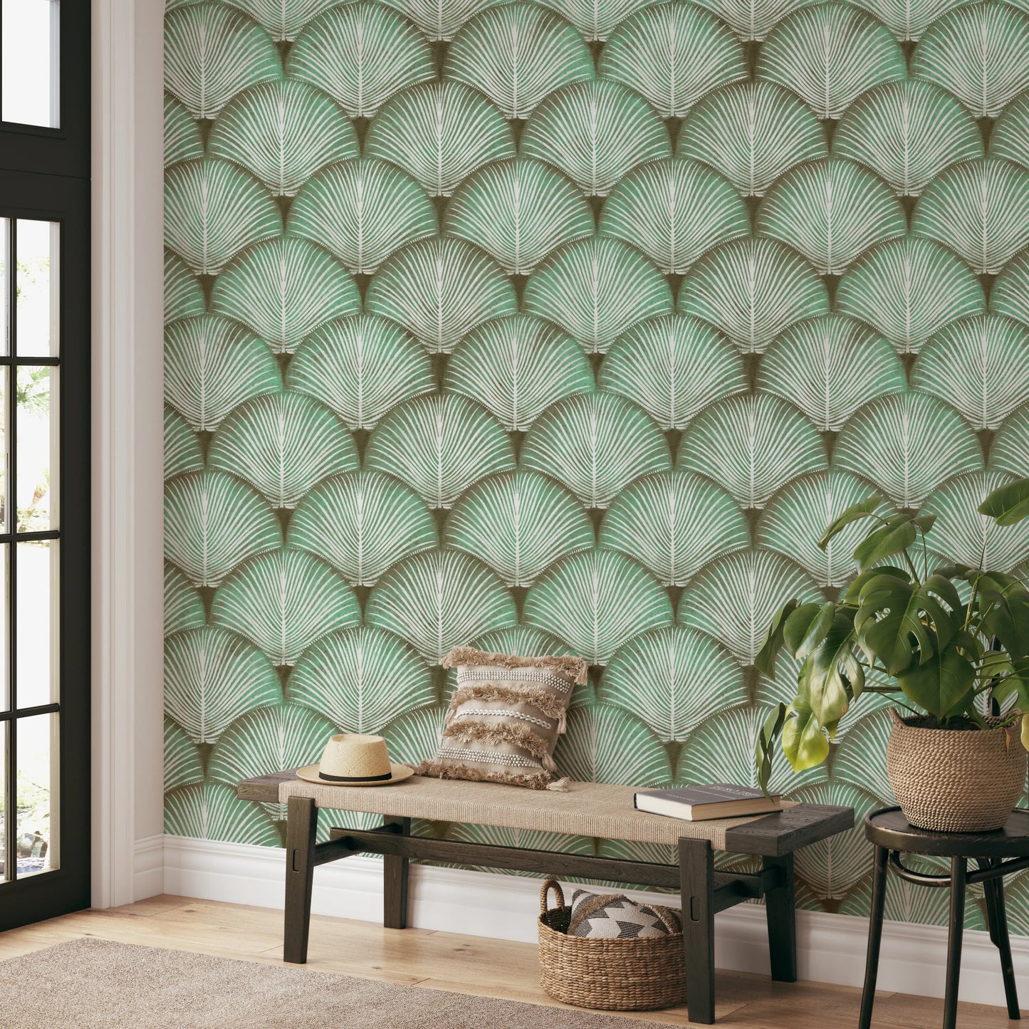 Sage and olive palm fronds wallpaper with Repeating scallop arrangement.