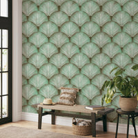 Sage and olive palm fronds wallpaper with Repeating scallop arrangement.