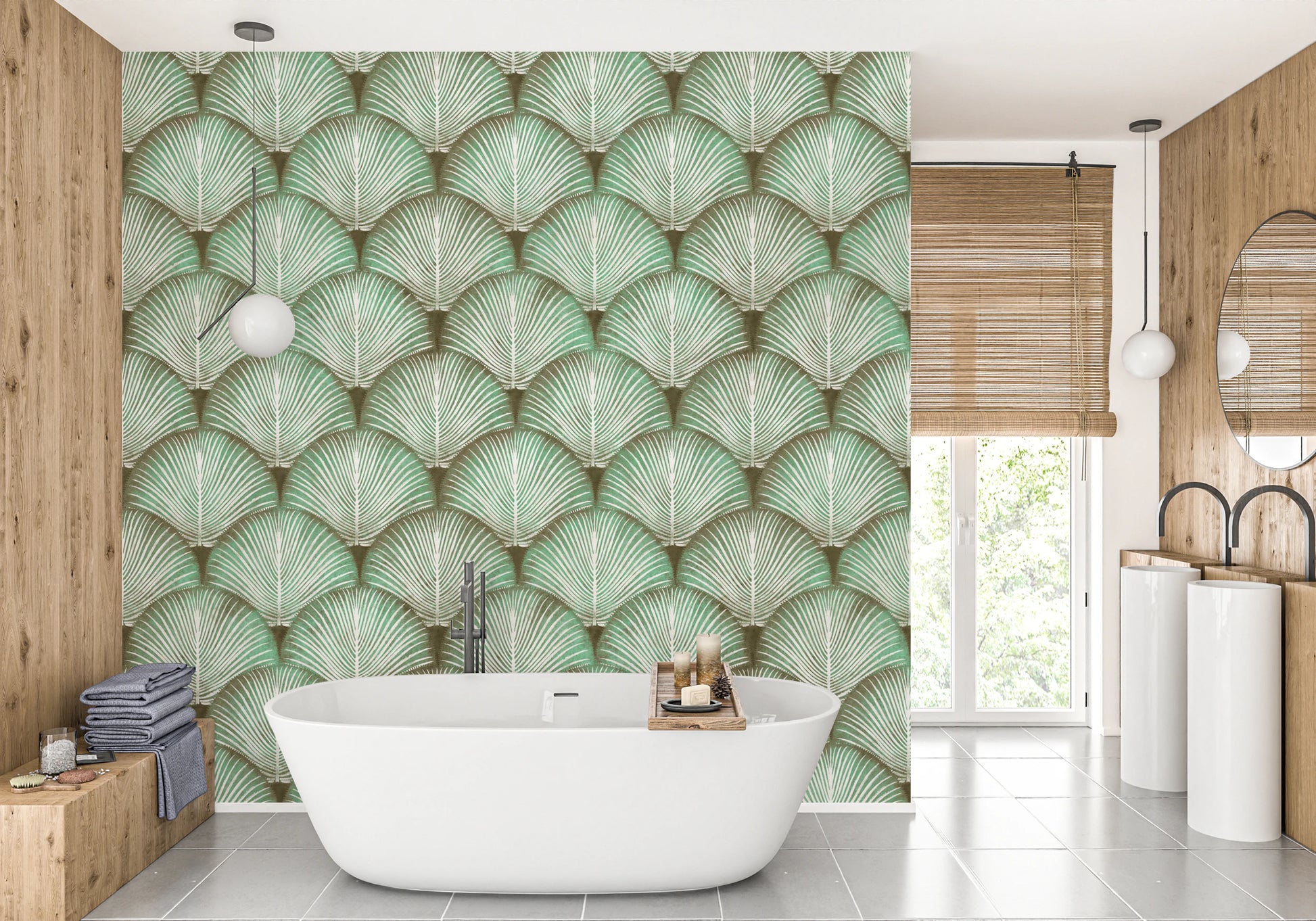 Overlapping palm frond wallpaper with crisp white line detailing in bathroom.