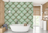 Overlapping palm frond wallpaper with crisp white line detailing in bathroom.