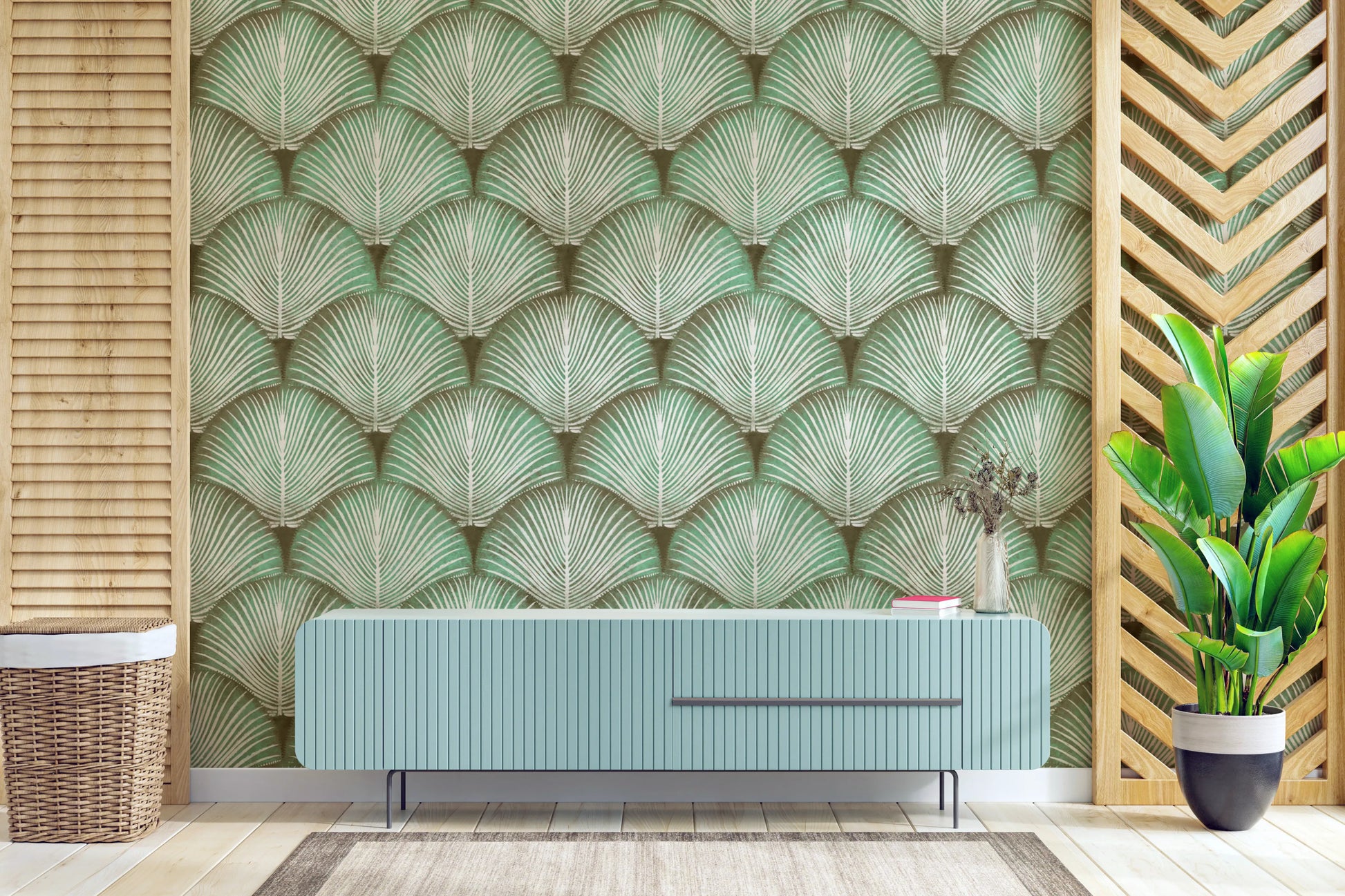 Sage palm fronds wallpaper with geometric scallop layout.