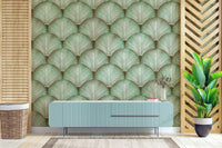 Sage palm fronds wallpaper with geometric scallop layout.