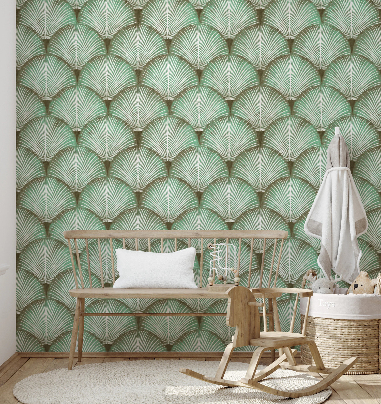 Scallop fan frond wallpaper as a fresh accent in a nursery space.