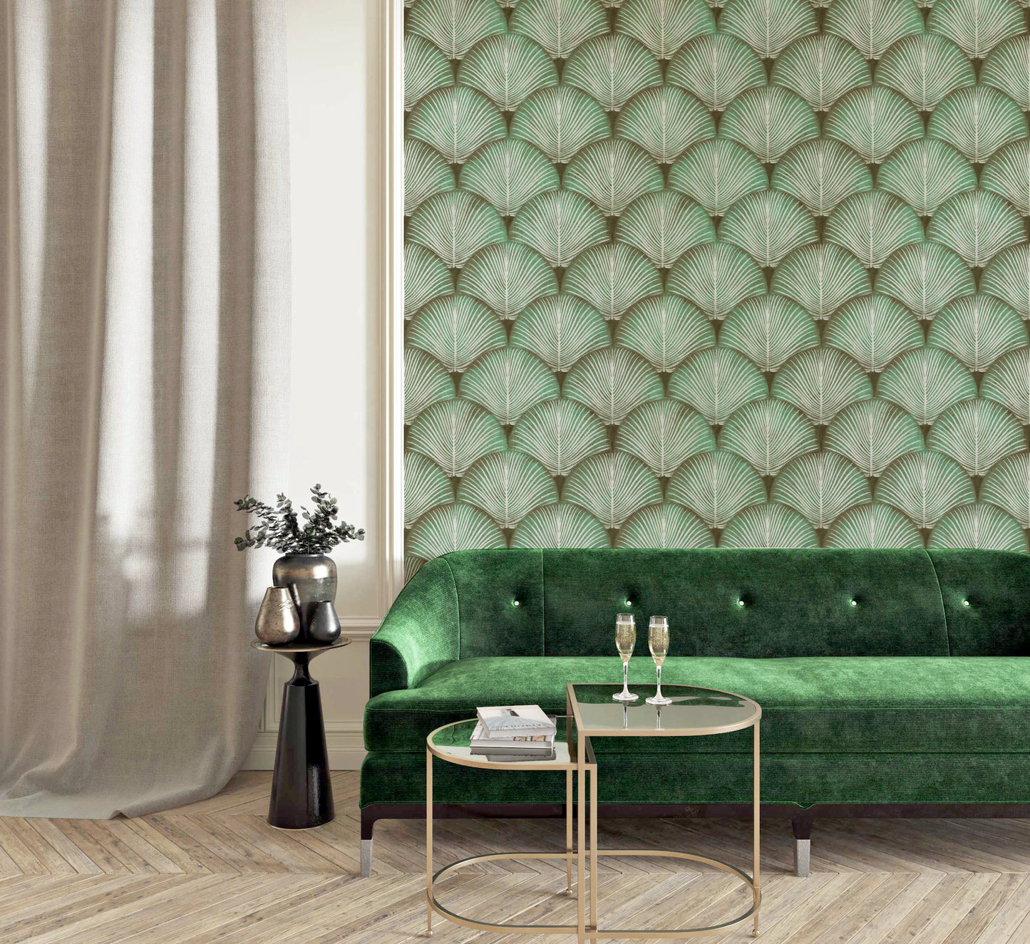 Rhythmic arching frond wallpaper pattern in muted green and white.