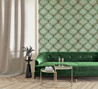 Rhythmic arching frond wallpaper pattern in muted green and white.