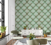 White veining radiating from central spines on green frond wallpaper.