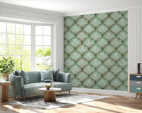 Palm wallpaper showing overlapping green frond motifs.