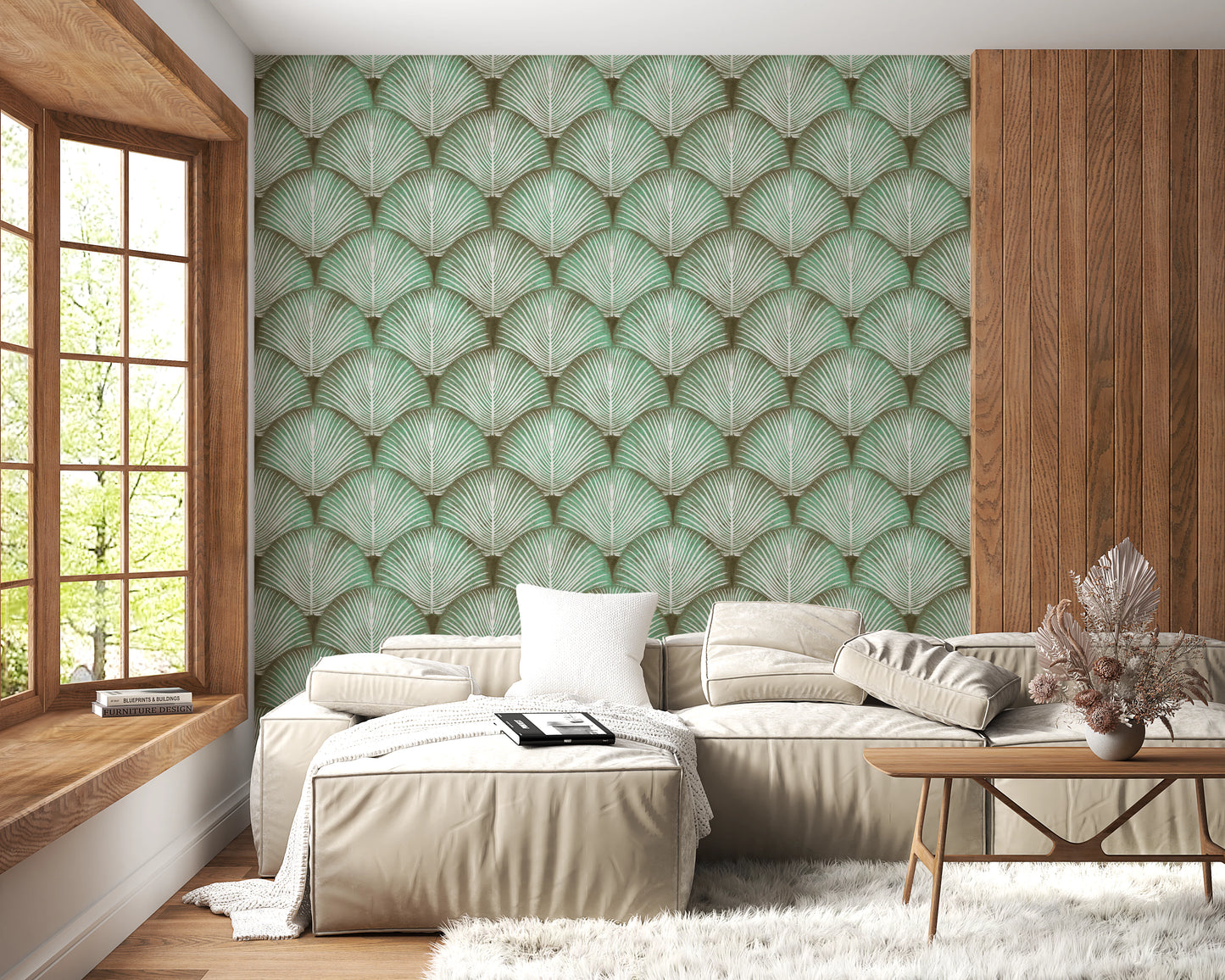 Sage palm fronds wallpaper adding texture to a living room wall.