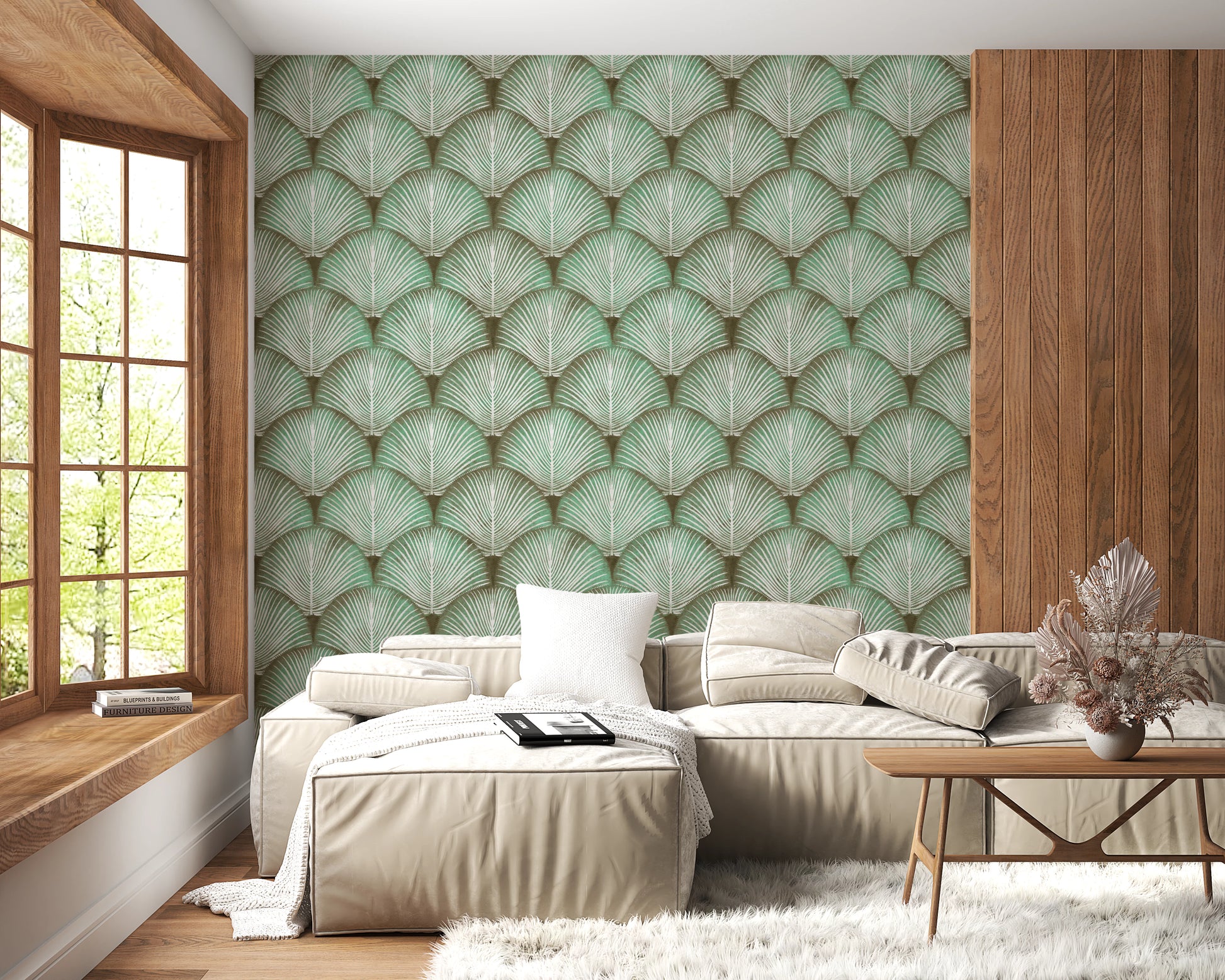Sage palm fronds wallpaper adding texture to a living room wall.