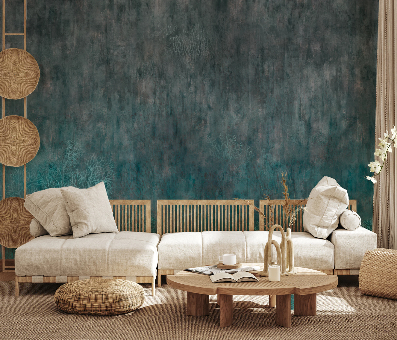 Abyssal coral garden wall mural in a modern living room setting.