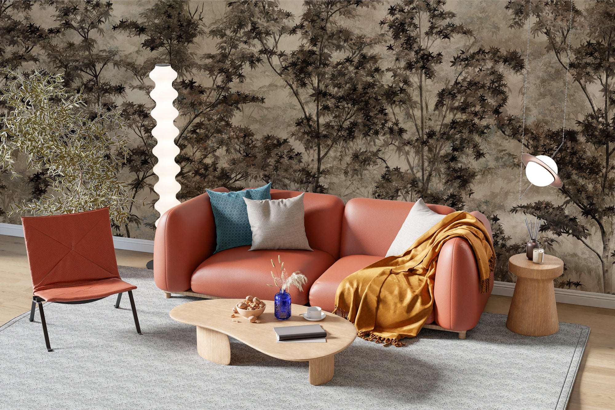  Sepia forest reverie wall mural in a warm-toned living room setting.