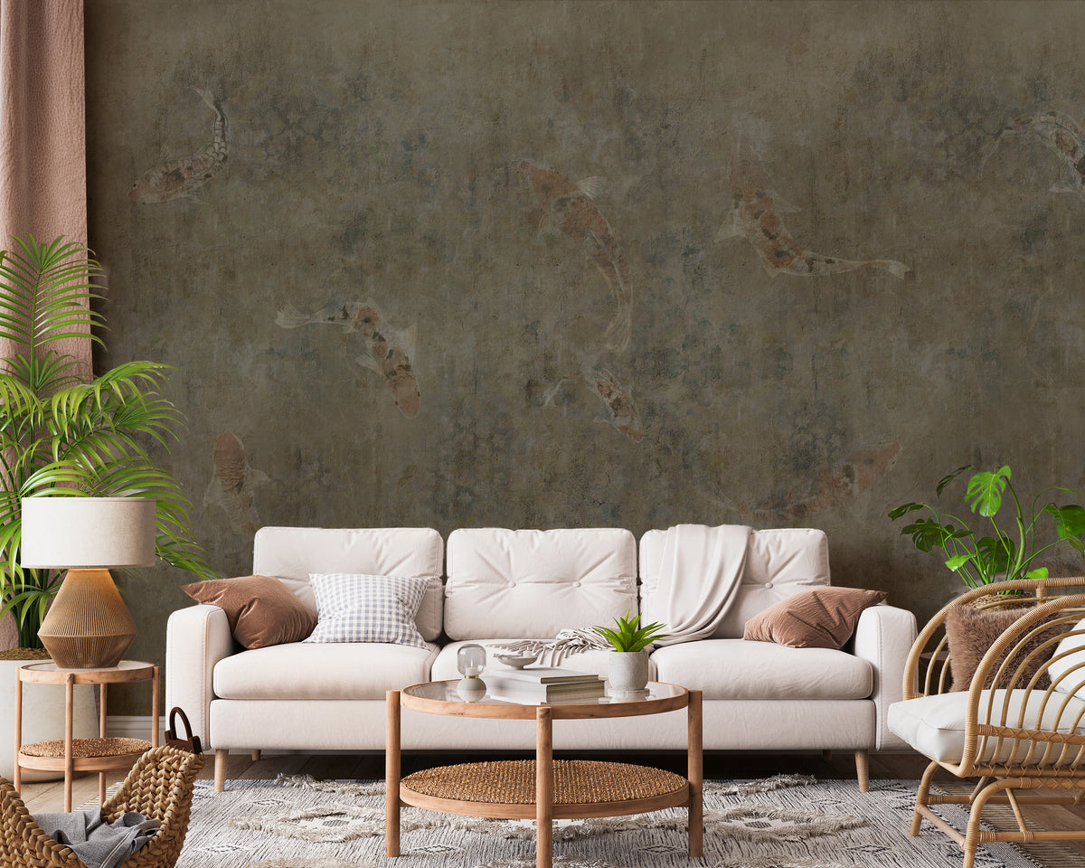 Weathered koi fish wall mural displayed in a living room setting.