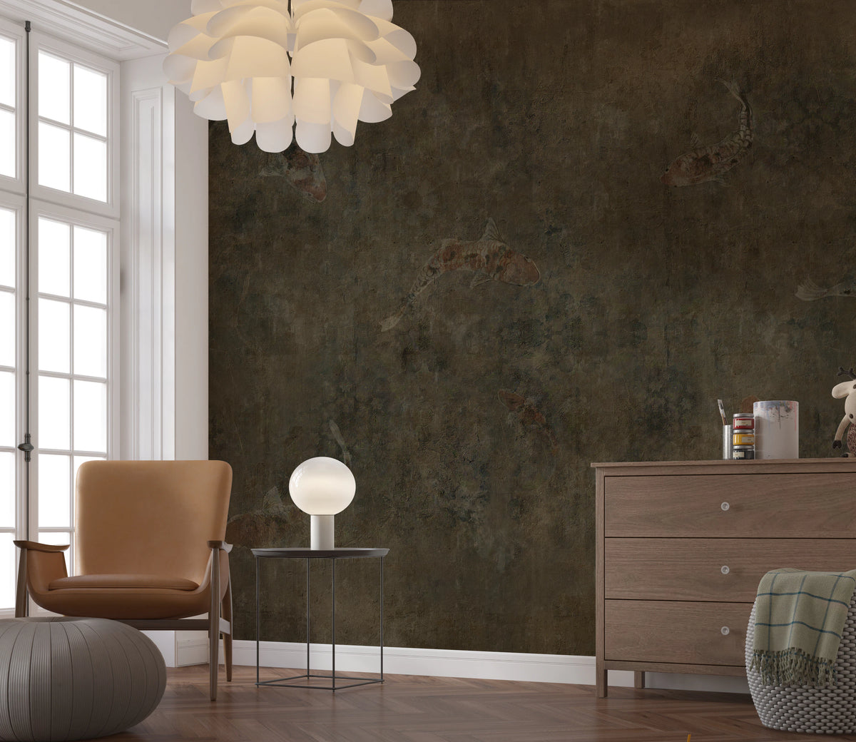 Atmospheric koi fish wall mural with deep brown and charcoal washes.