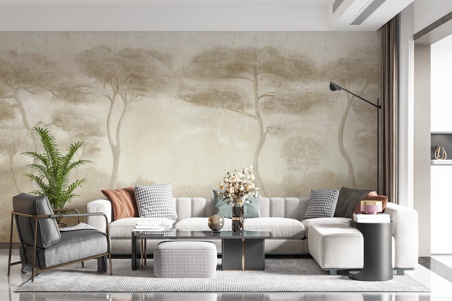 Serene Sepia Pines Wall Mural