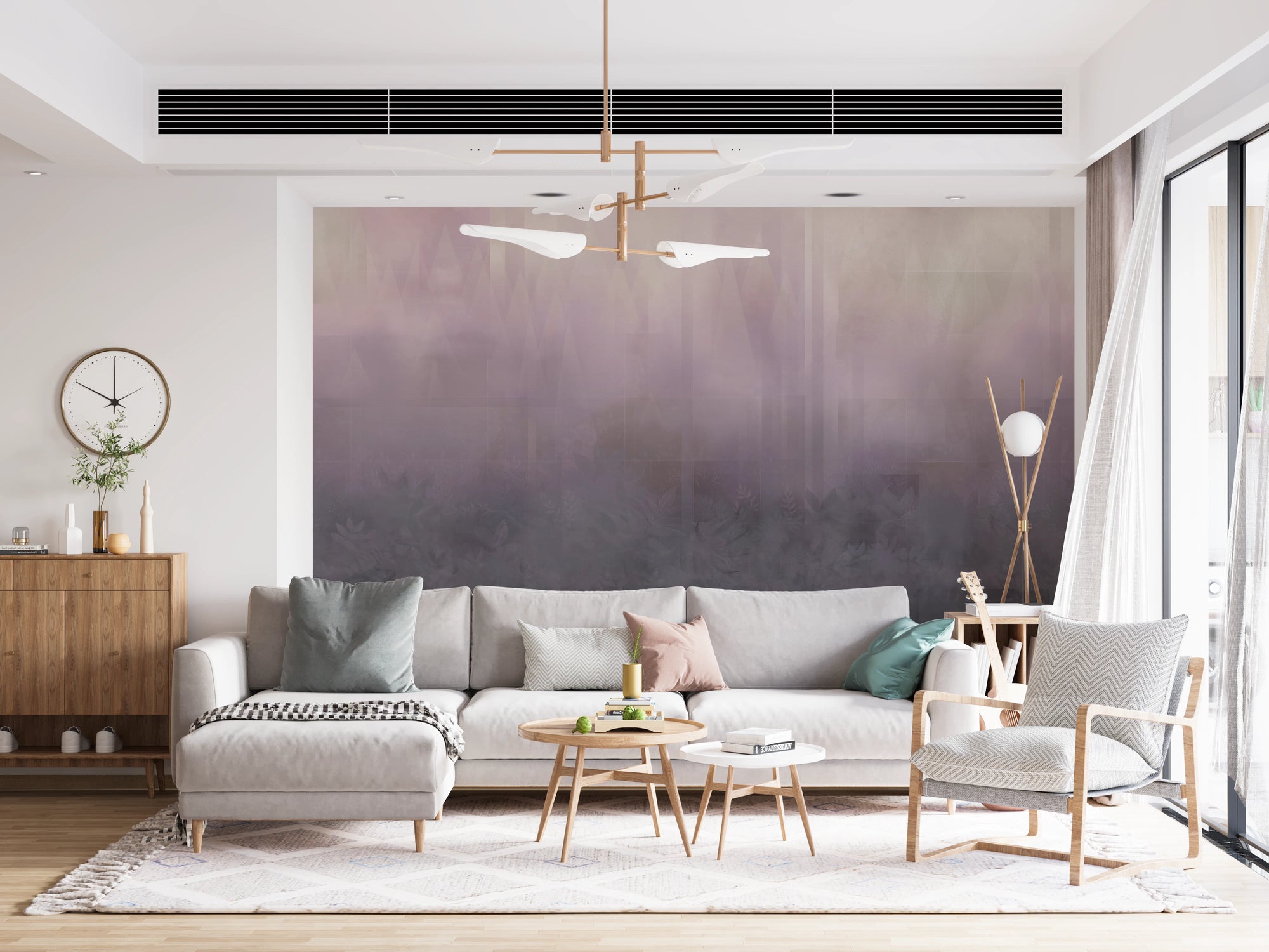 Misty lavender peaks wall mural in a living room setting.