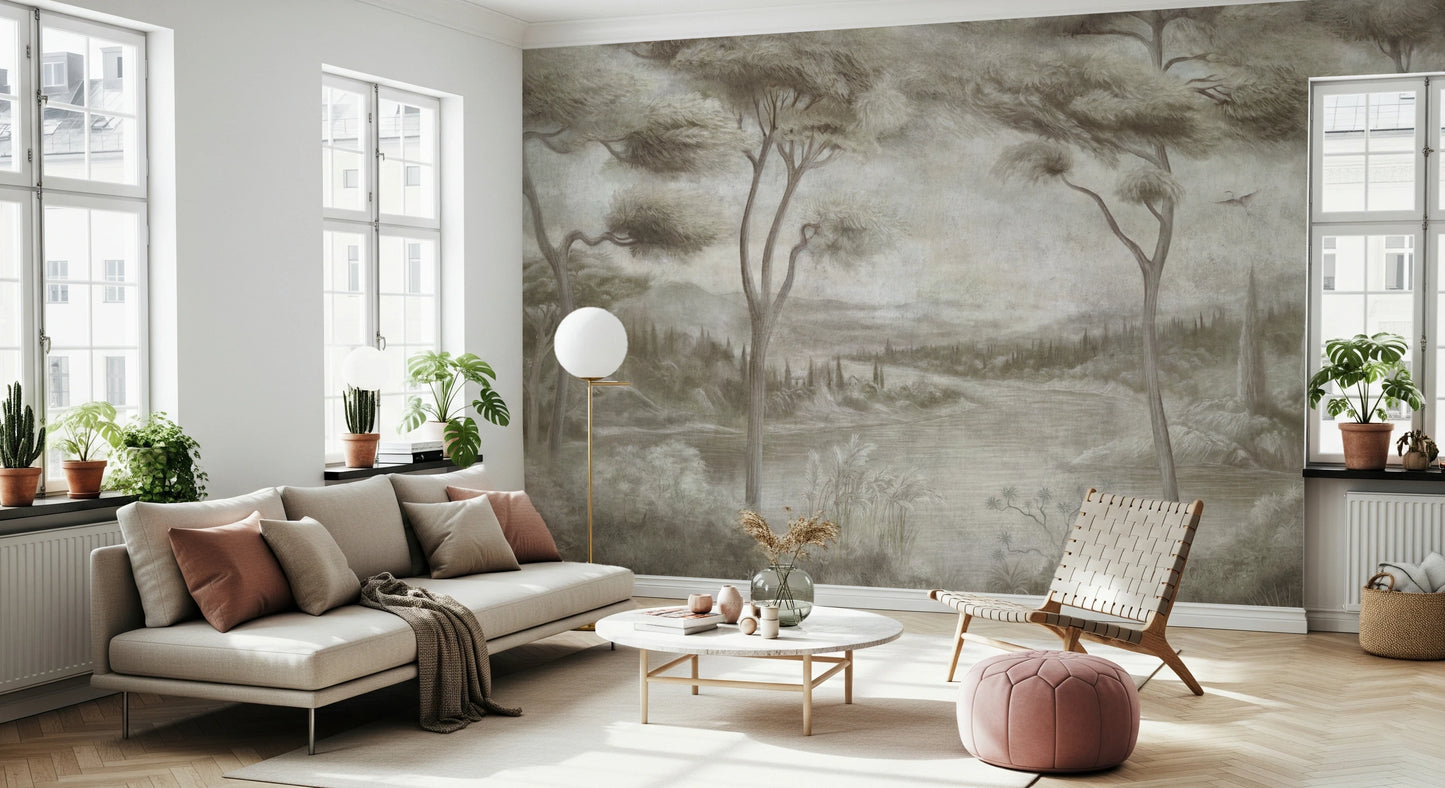 Whispering Pines Lake Mist Wall Mural