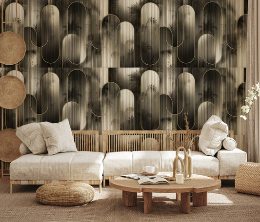 Vertical striped bronze wallpaper with gold capsule arch shapes