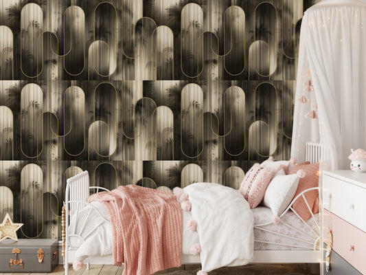 Luxe bronze arch wallpaper displayed in a bedroom setting