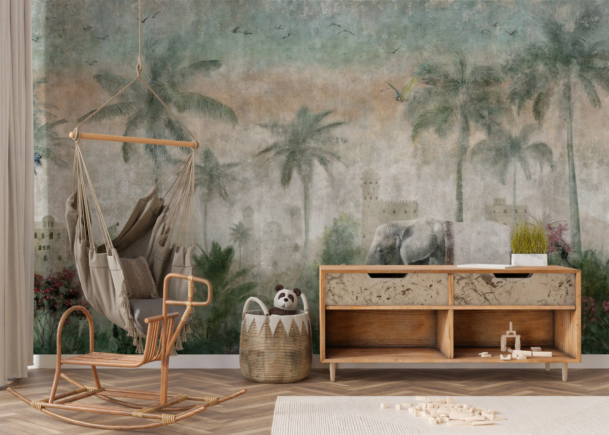 Colorful parrot perched among palm fronds on wall mural