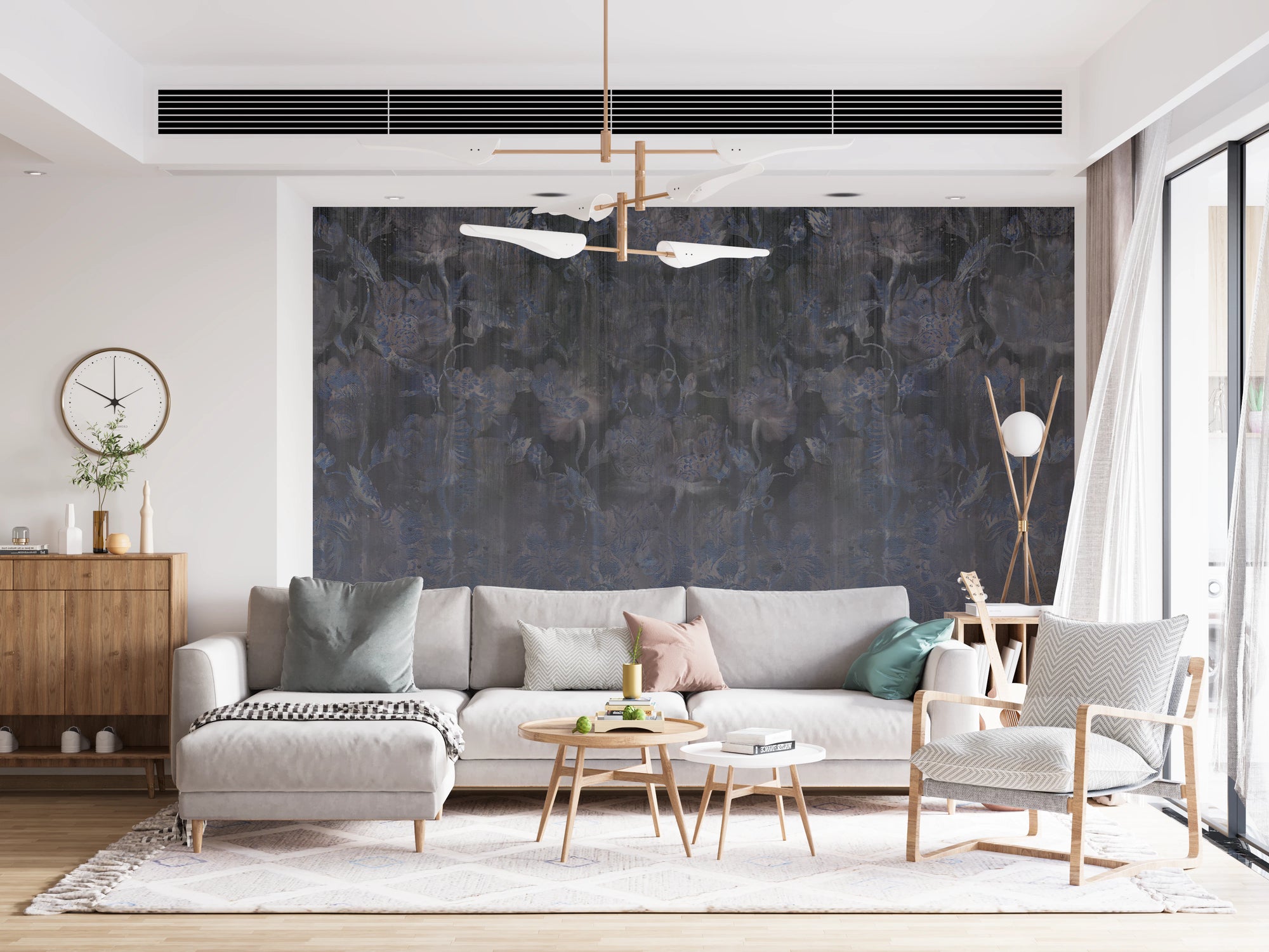 Blue and charcoal tapestry wall mural in a living room setting 