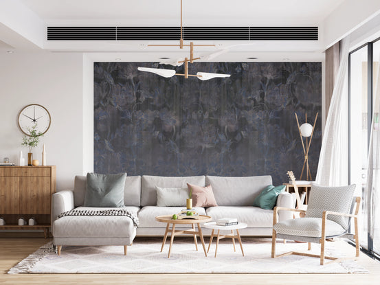 Blue and charcoal tapestry wall mural in a living room setting 