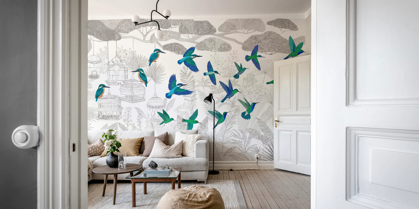 Enchanted Canopy Sketch with Colorful Flying Birds Wall Mural