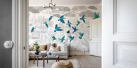 Enchanted Canopy Sketch with Colorful Flying Birds Wall Mural