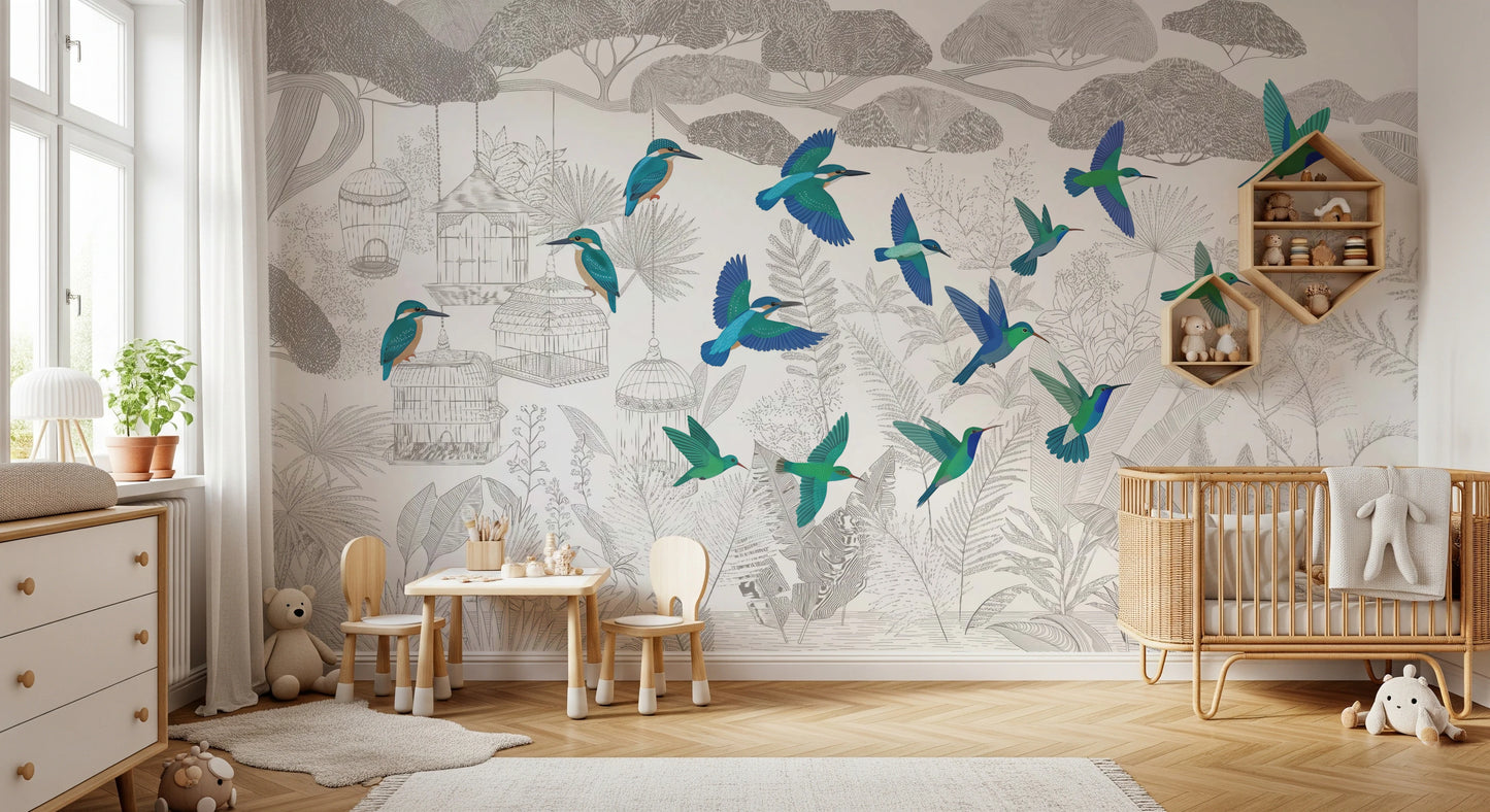 Enchanted Canopy Sketch with Colorful Flying Birds Wall Mural