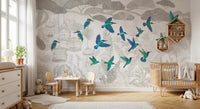 Enchanted Canopy Sketch with Colorful Flying Birds Wall Mural