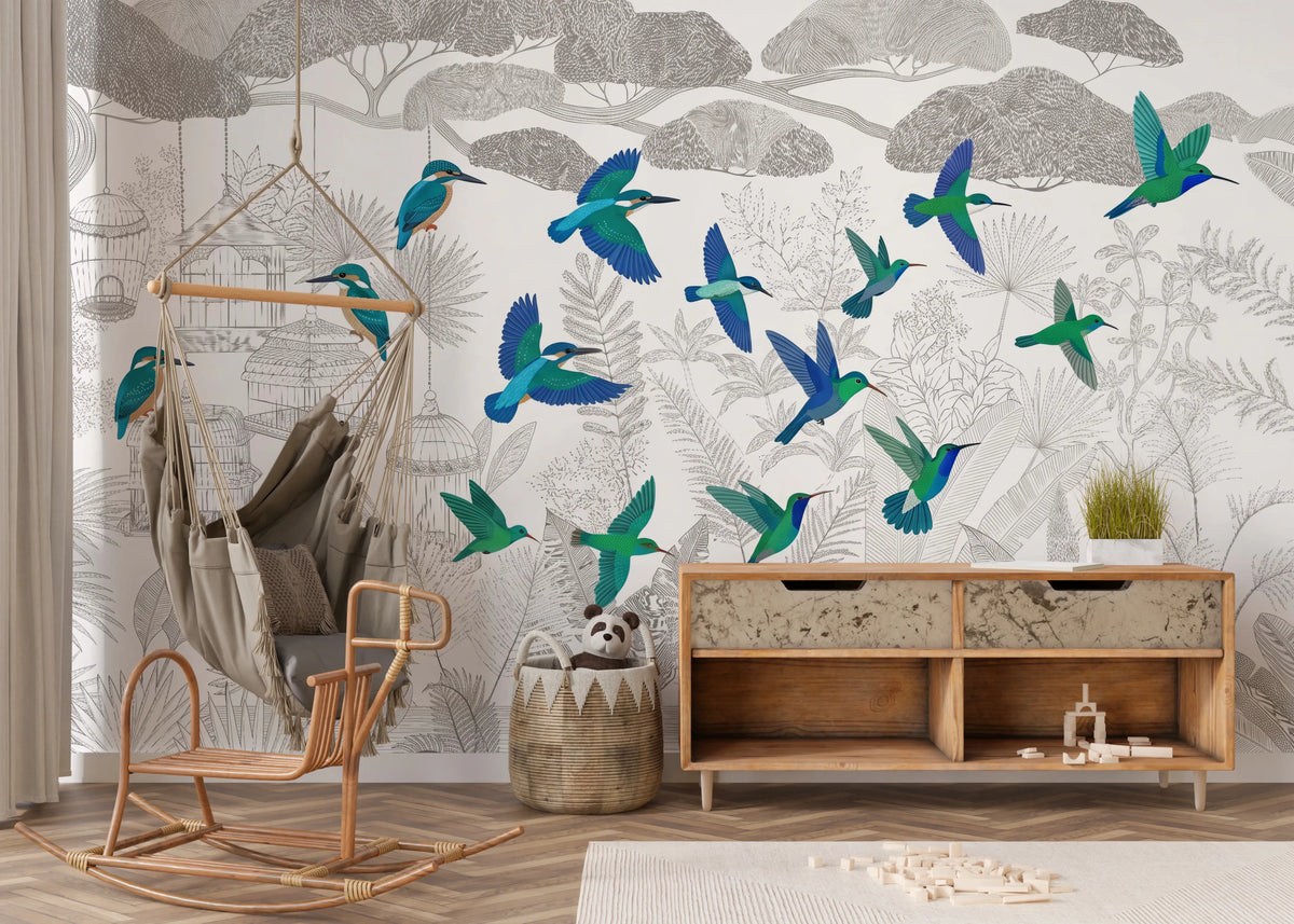 Colorful kingfishers and hummingbirds flying over a gray sketch tropical landscape wall mural.