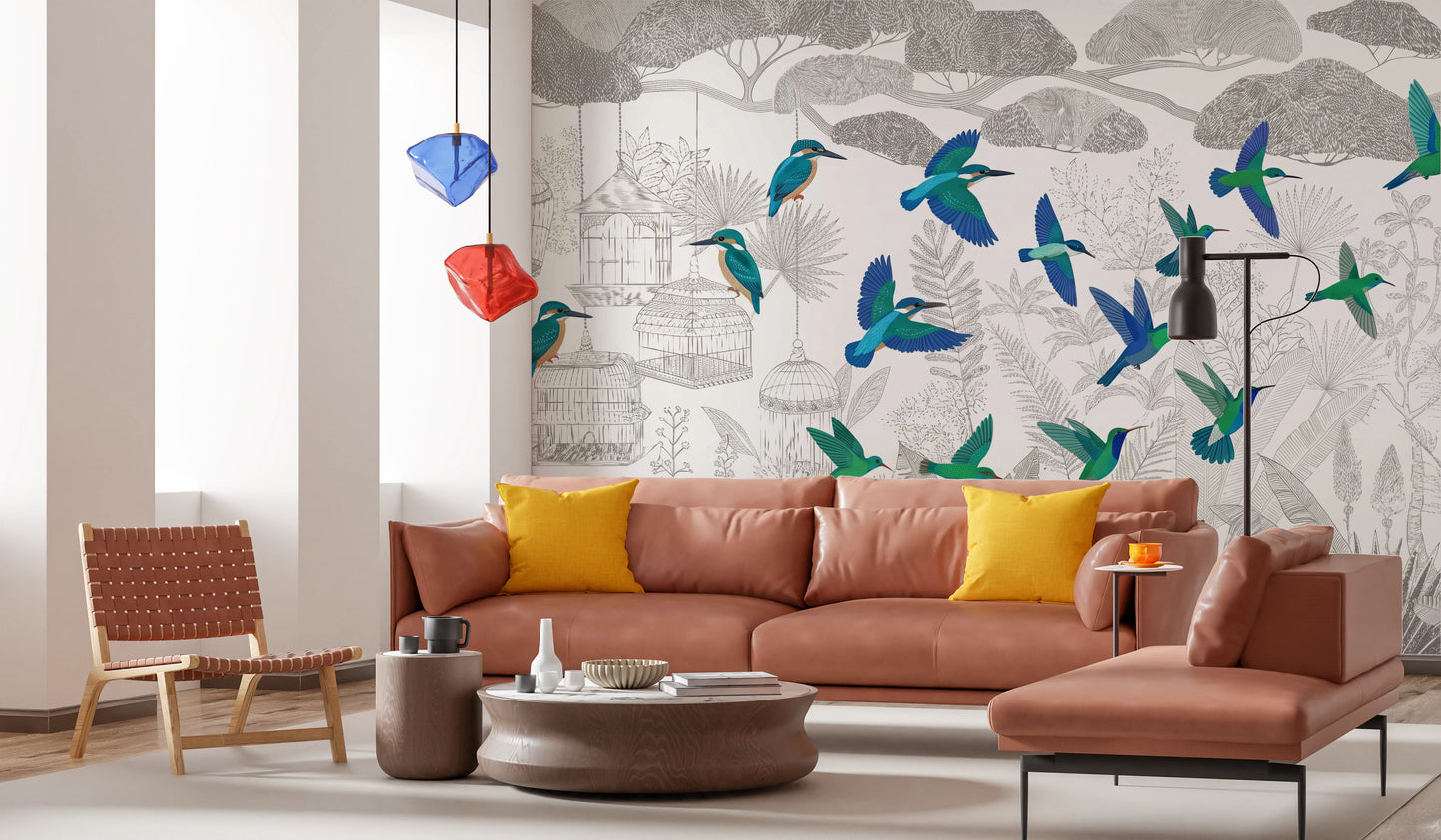 Enchanted Canopy Sketch with Colorful Flying Birds Wall Mural