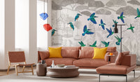 Enchanted Canopy Sketch with Colorful Flying Birds Wall Mural