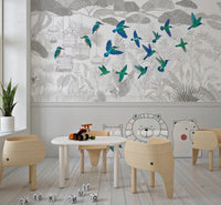 Enchanted Canopy Sketch with Colorful Flying Birds Wall Mural