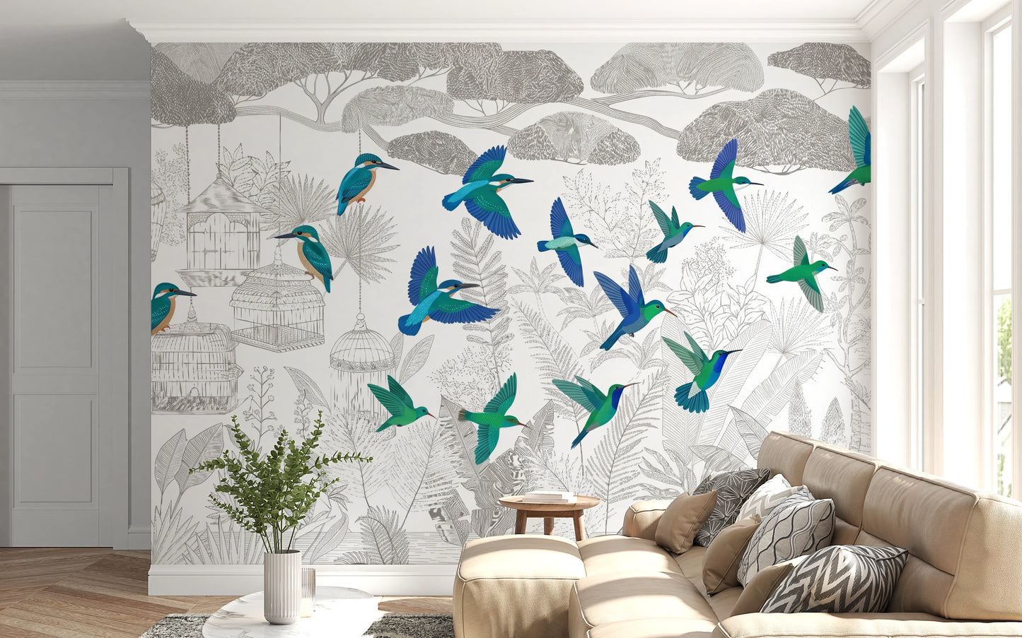 Enchanted Canopy Sketch with Colorful Flying Birds Wall Mural