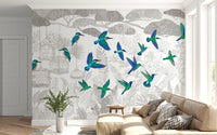 Enchanted Canopy Sketch with Colorful Flying Birds Wall Mural