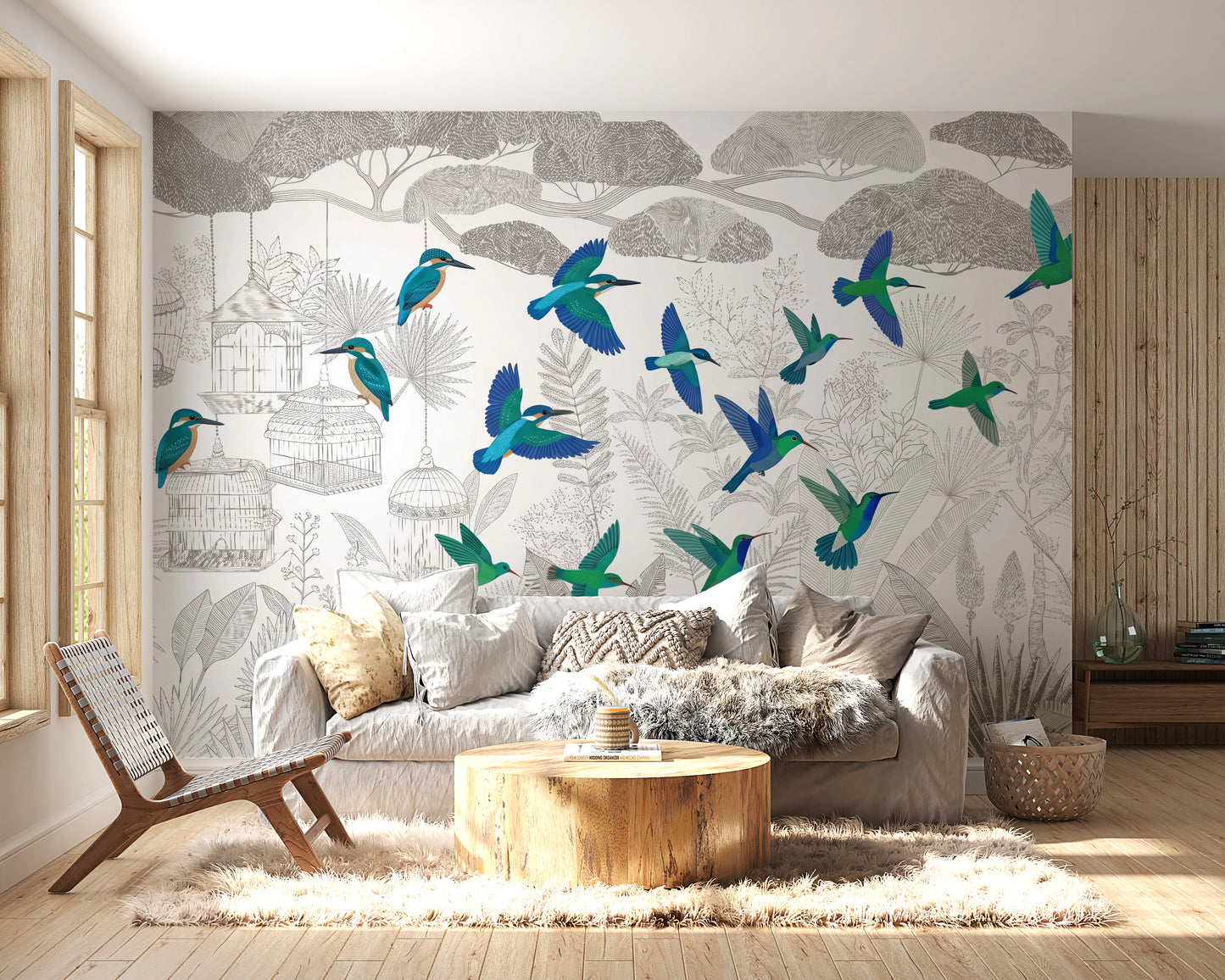 Enchanted Canopy Sketch with Colorful Flying Birds Wall Mural