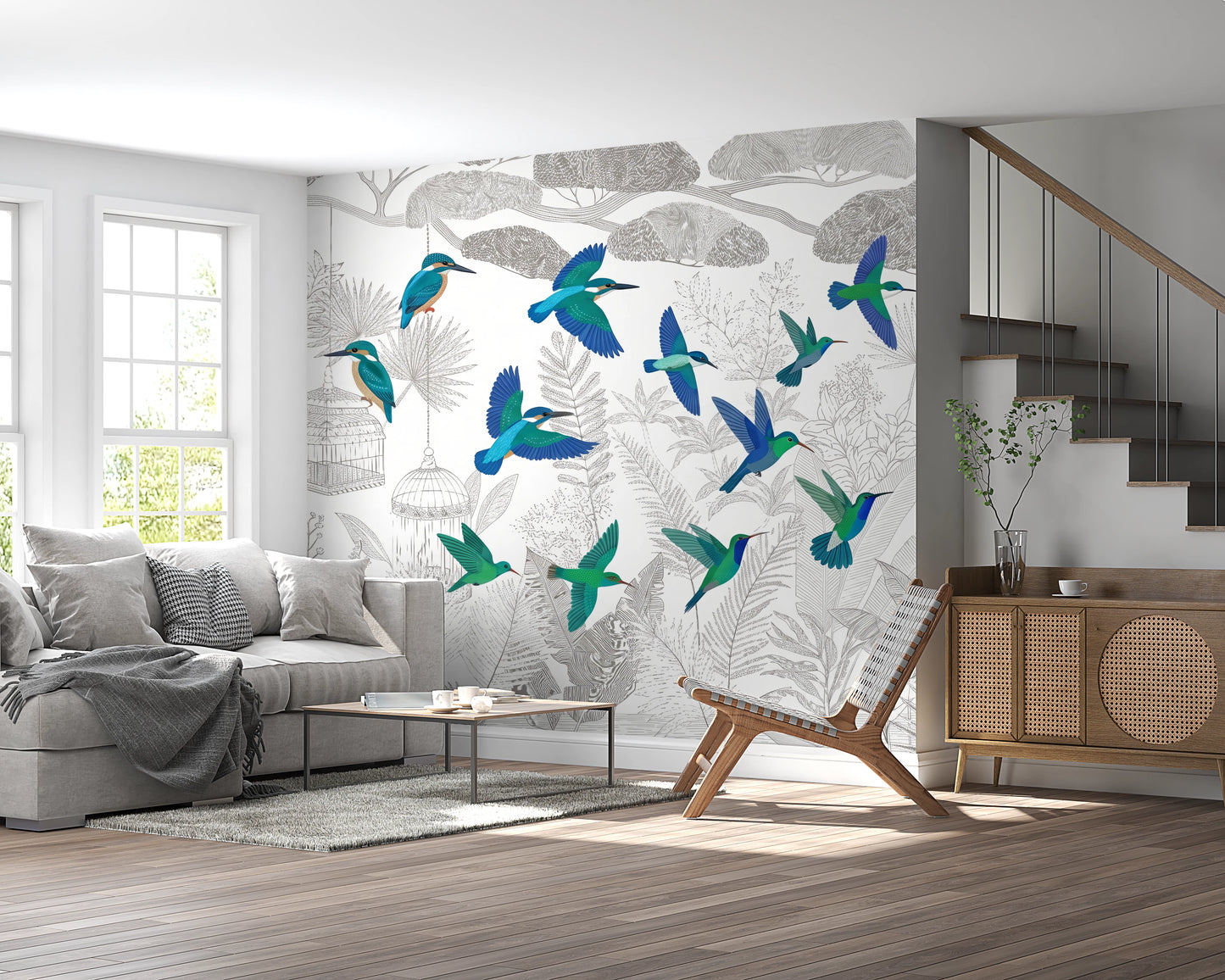 Enchanted Canopy Sketch with Colorful Flying Birds Wall Mural